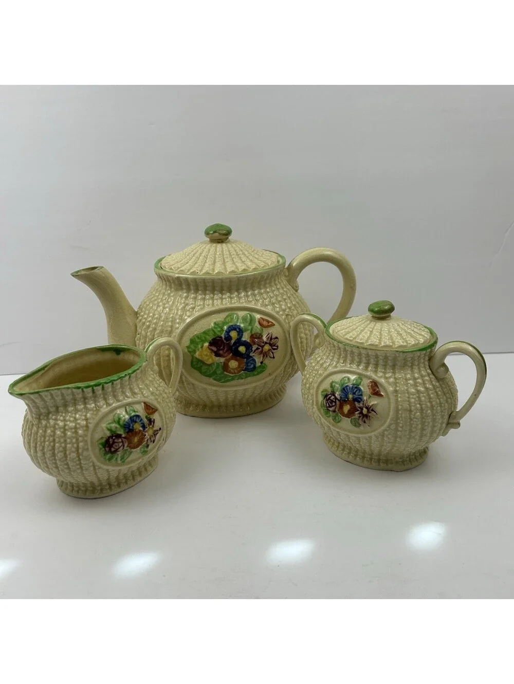 Vintage Made in Japan Hobnail Basketweave Tea Set Teapot Creamer Sugar 3pc ST#41